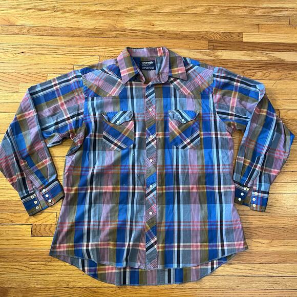 Wrangler Shirt Mens 17 1/5 36 Cowboy Cut X-Long Tails Long Sleeve Pearl Snap - Picture 1 of 9